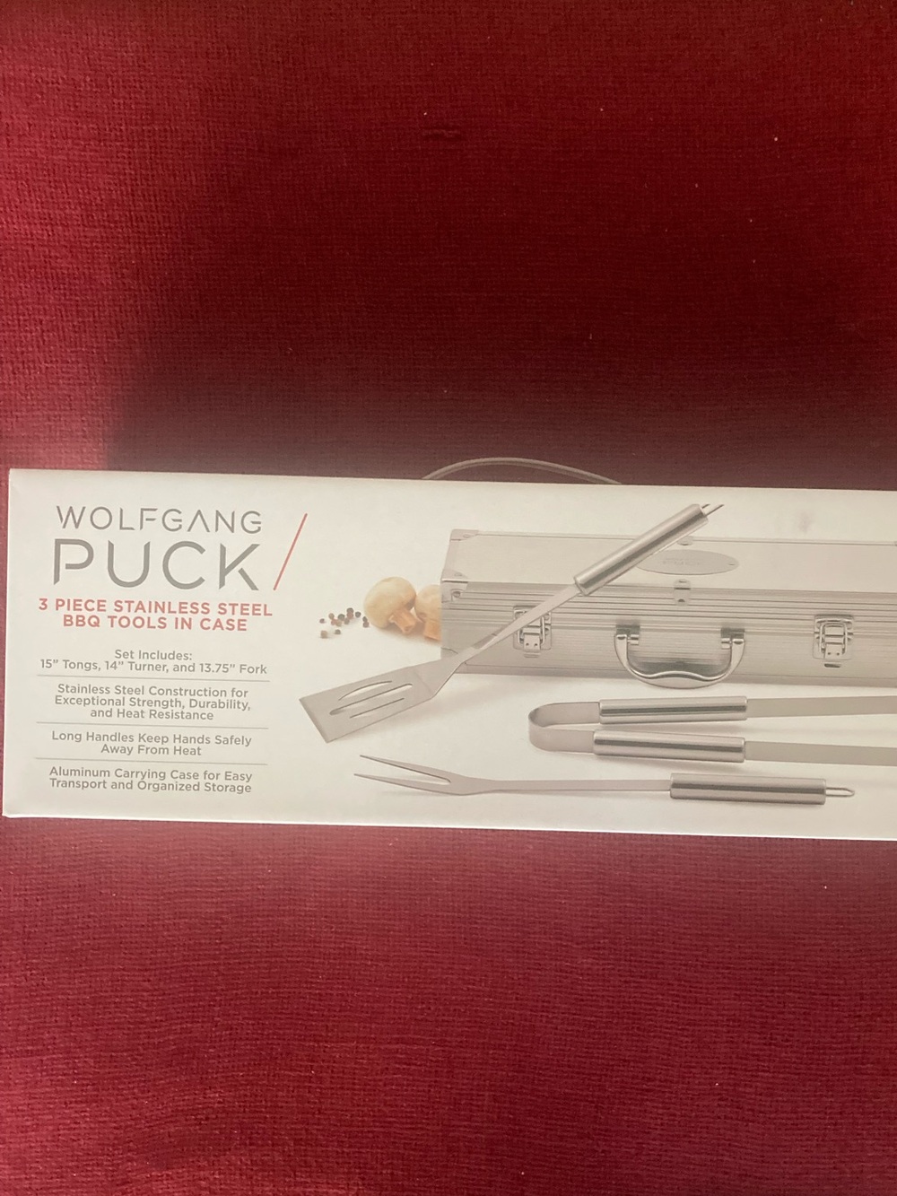Wolfgang Puck Stainless Steel 3-Piece BBQ Tool Set with Case NIB